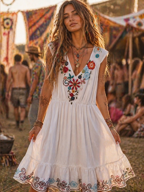 Johnny Was Dresses & Skirts - White Sleeveless Dress with Colorful Floral Embroidery